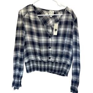 NWT‎ Francesca's Blue Rain Women LS  XL Top Navy Blue White Plaid Blouse